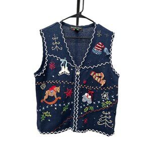 Hampshire Studio Snow Holiday Vest Navy Blue Festive Embroidery Sz L